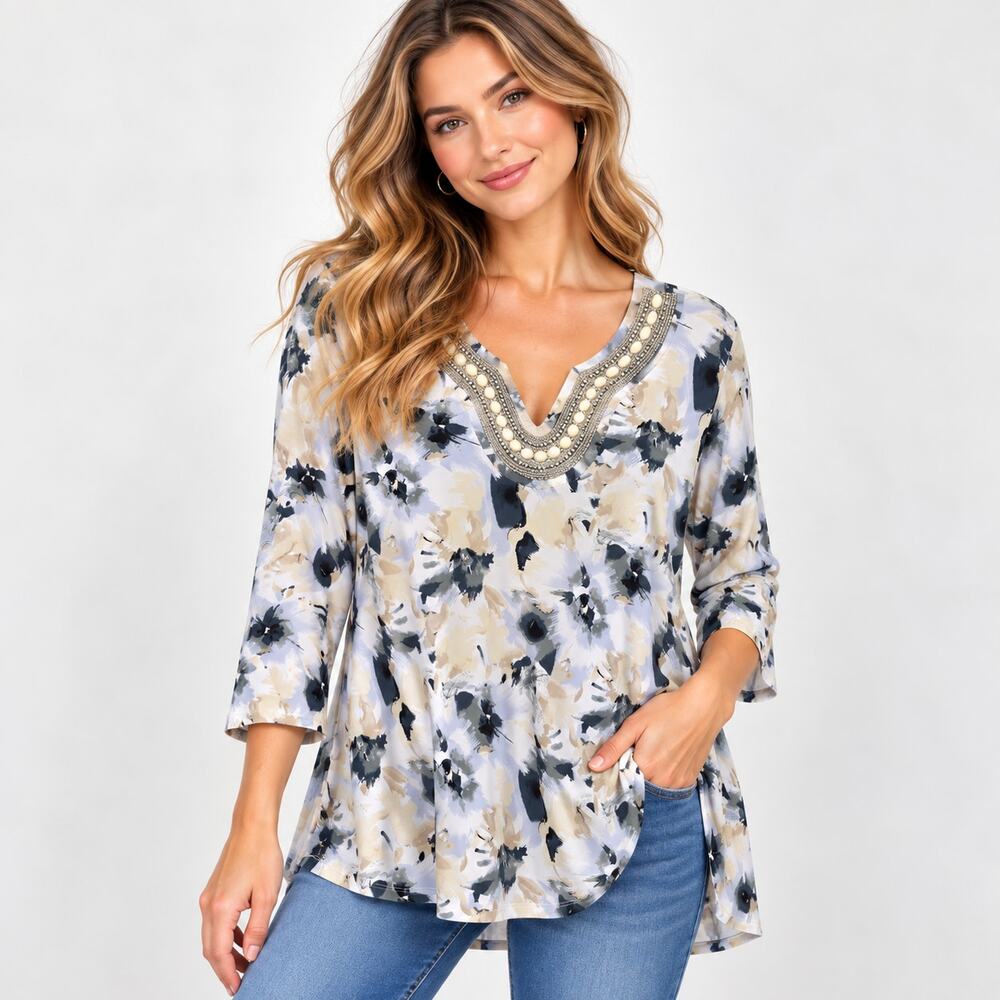 Susan Graver Liquid Knit Blouse Women's Size XL Embellished Watercolor Floral